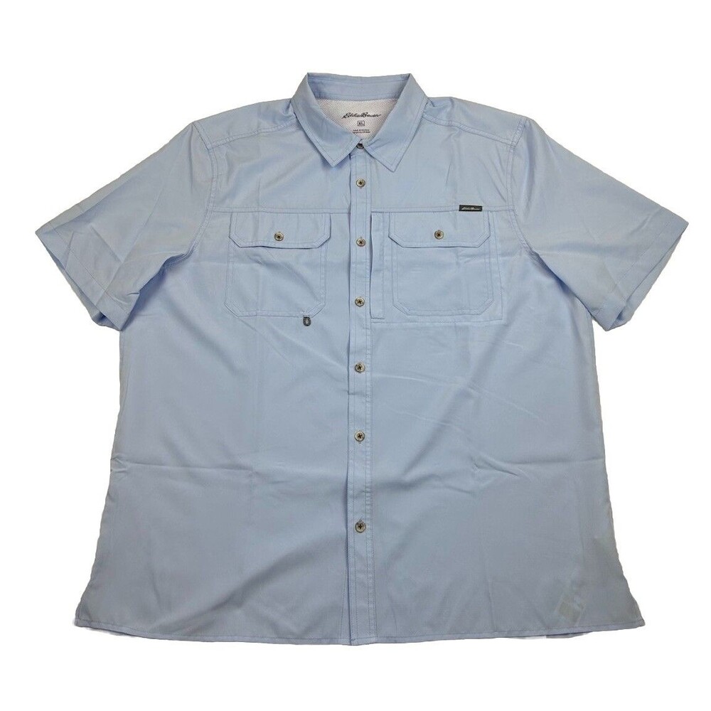 Eddie Bauer Fishing Shirt Ripstop Short Sleeve Mens XL Blue Zip Pocket Vented